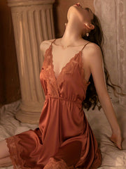 Satin Slip Nightdress Deep V Backless Spaghetti Strap Sleep Dress