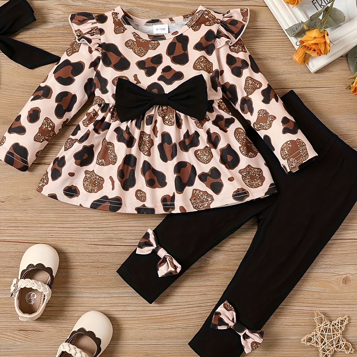 3pcs Baby Girls Leopard Print Sleeve Top Pants Set With Headband