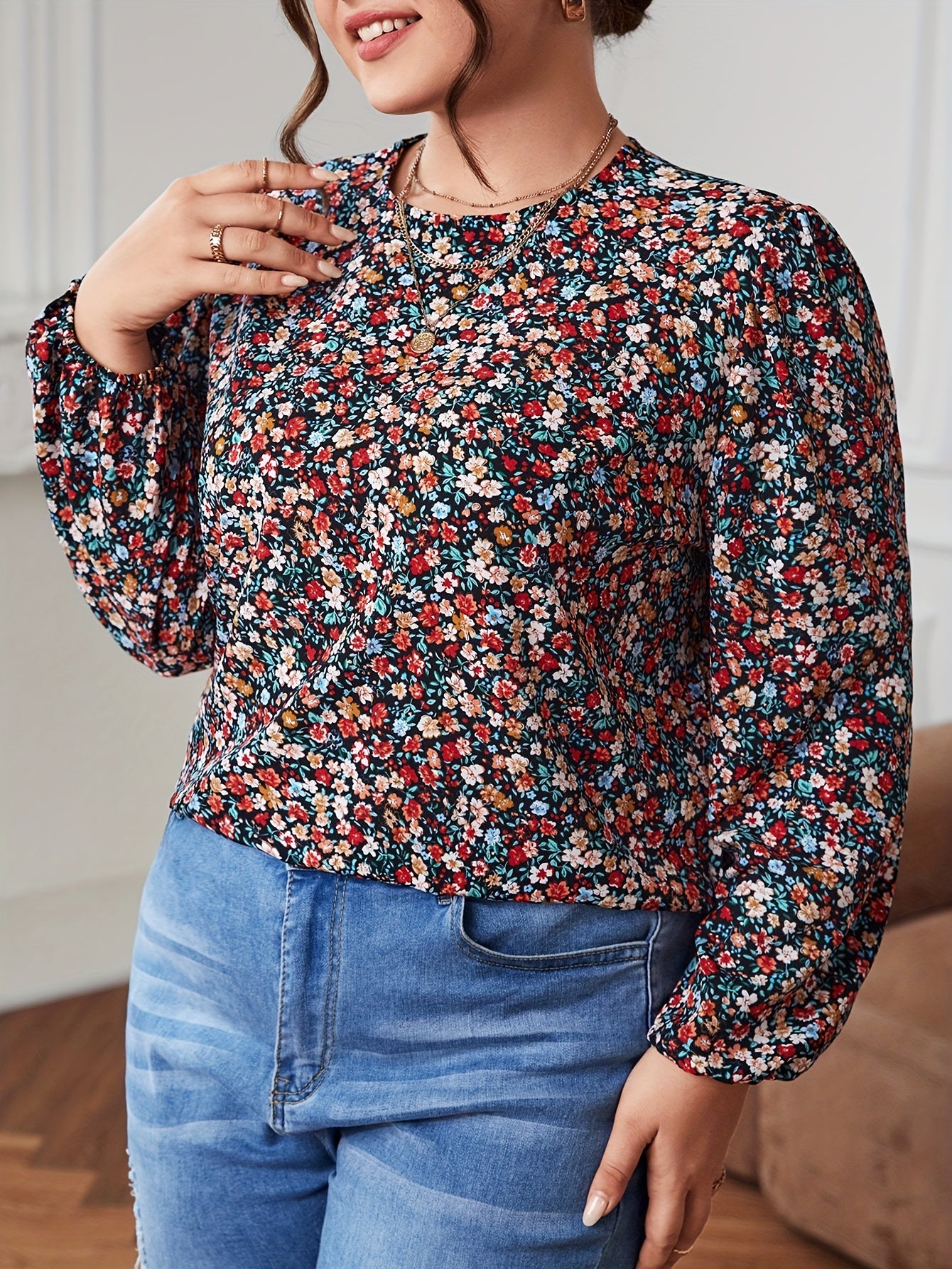 Women's Plus Ditsy Floral Lantern Sleeve Boho Blouse