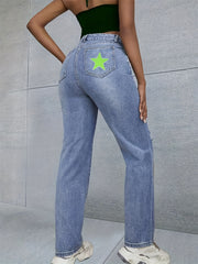 Neon Green Star Print Patch Pocket Straight Leg Jeans Ripped High Rise Washed