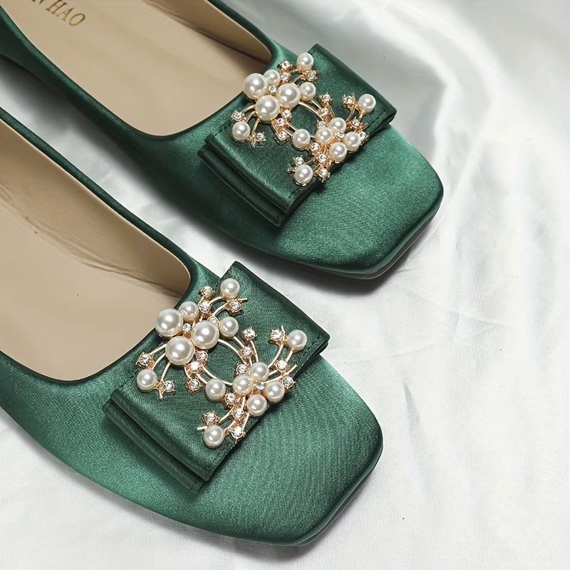 Faux Pearl Bow Ballet Flats Square Toe Slip On Satin Wedding Shoes
