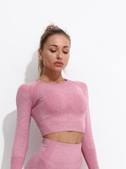 Solid Long Sleeve Yoga Crop Top Round Neck