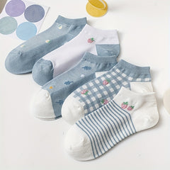 5 Pairs Girls Kids Cartoon Flower Socks Thin Breathable Low Cut Ankle Socks