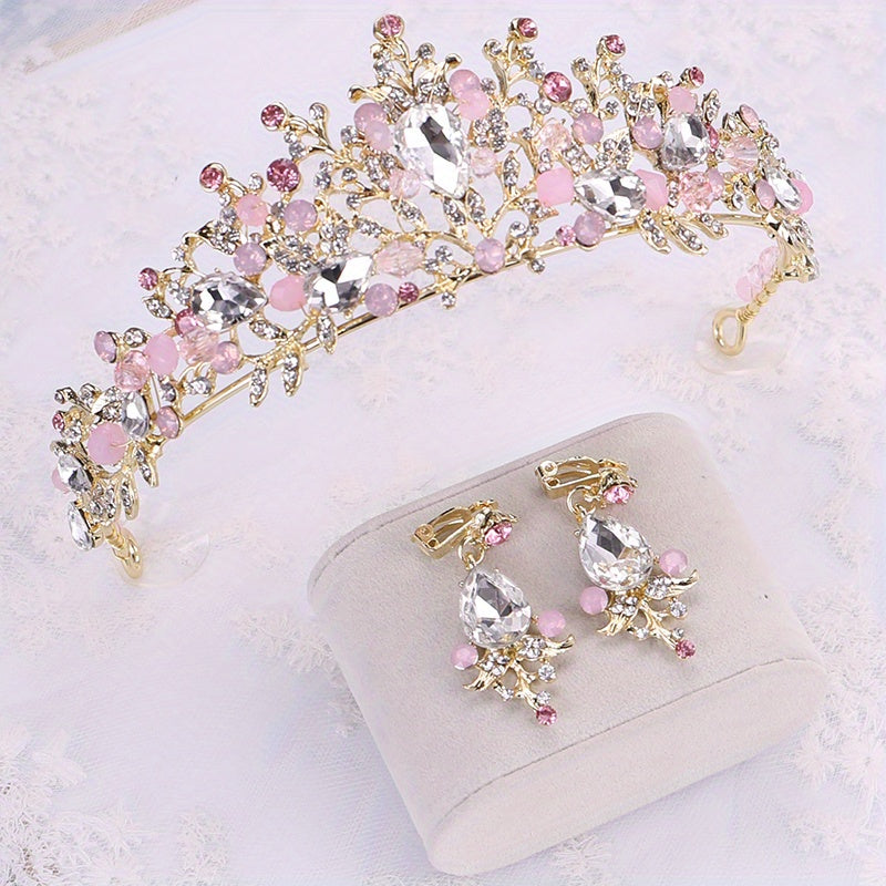 Baroque Crystal Tiara & Crown with Pink Rhinestone Earrings