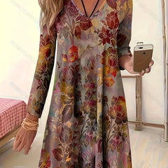 Floral Print Long Sleeve V Neck Casual Dress