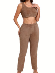 Fuzzy Lounge Set Crew Neck Tank Top & Elastic Waistband Pants Women's Loungewear