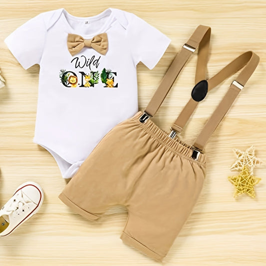 Baby Boy 1st Birthday Outfit Funny Cartoon Graphic Bow Tie Romper & Bib Pants