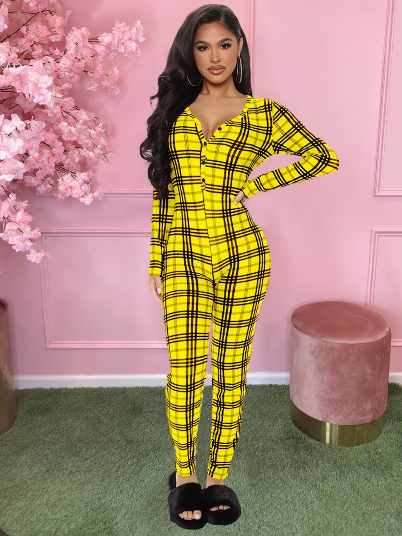 Plaid Skinny V Neck Jumpsuit Casual Long Sleeve Stretchy Jumpsuit