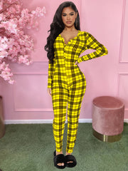 Plaid Skinny V Neck Jumpsuit Casual Long Sleeve Stretchy Jumpsuit