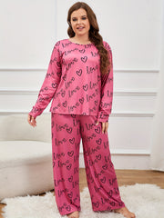 Heart & Letter Print Pajama Set Long Sleeve Tee & Pants Lounge 2 Pc