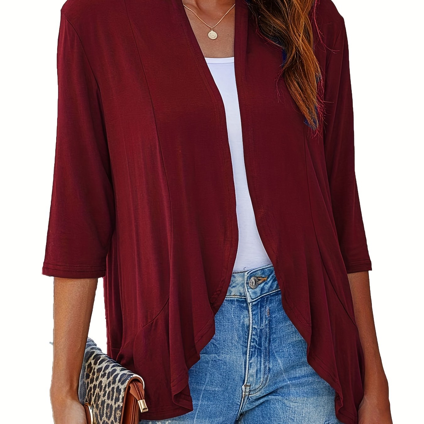 Casual Cardigan Women's Plus Solid Three Quarter Sleeve Ruffle Trim