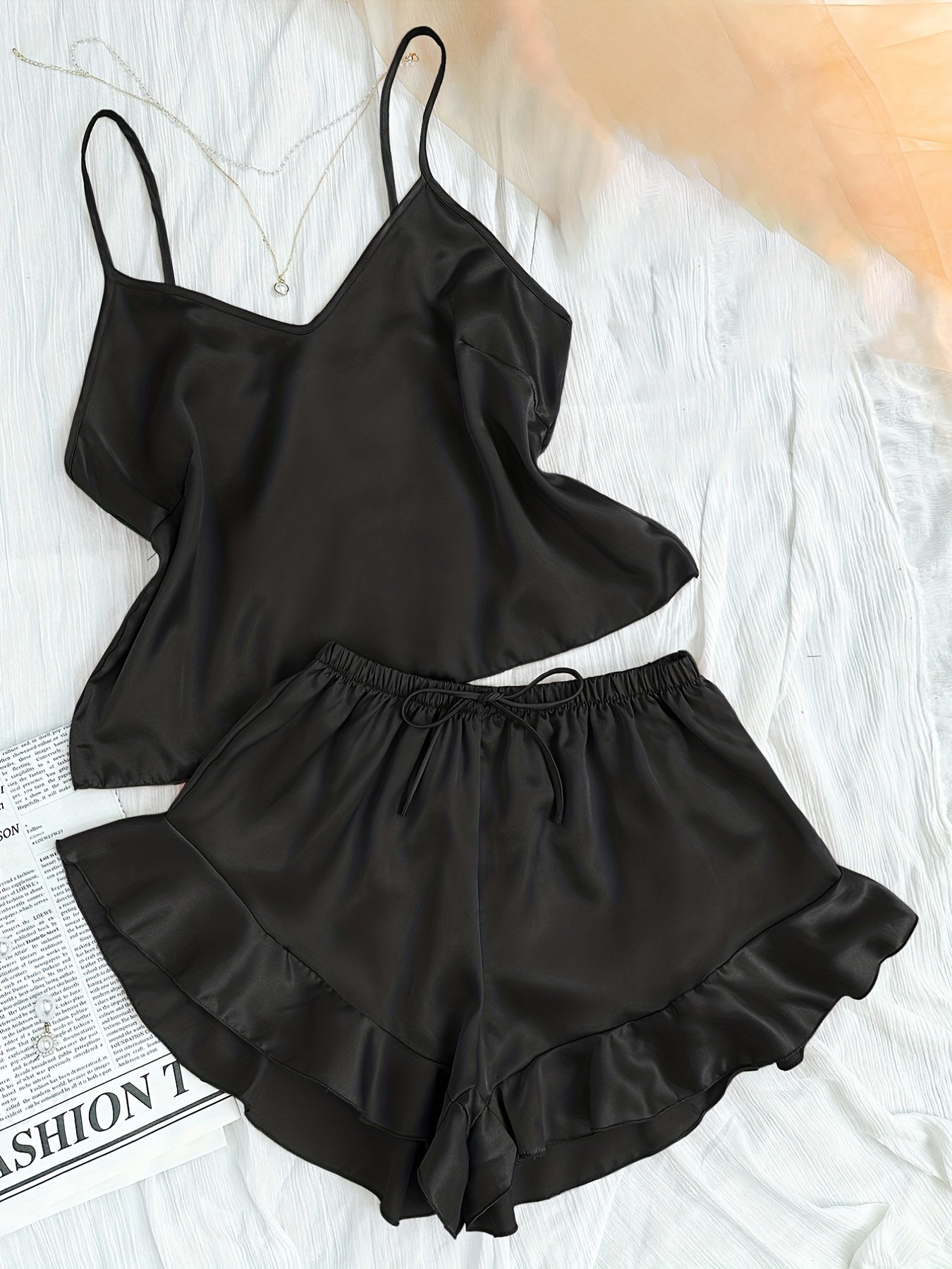 Satin Pajama Set V Neck Cami & Ruffle Shorts Sleepwear