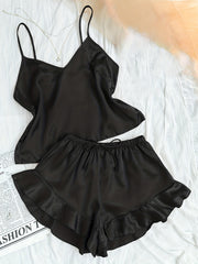 Satin Pajama Set V Neck Cami & Ruffle Shorts Sleepwear