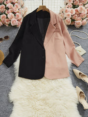 Colorblock Lapel Collar Button Front Blazer Plus Size