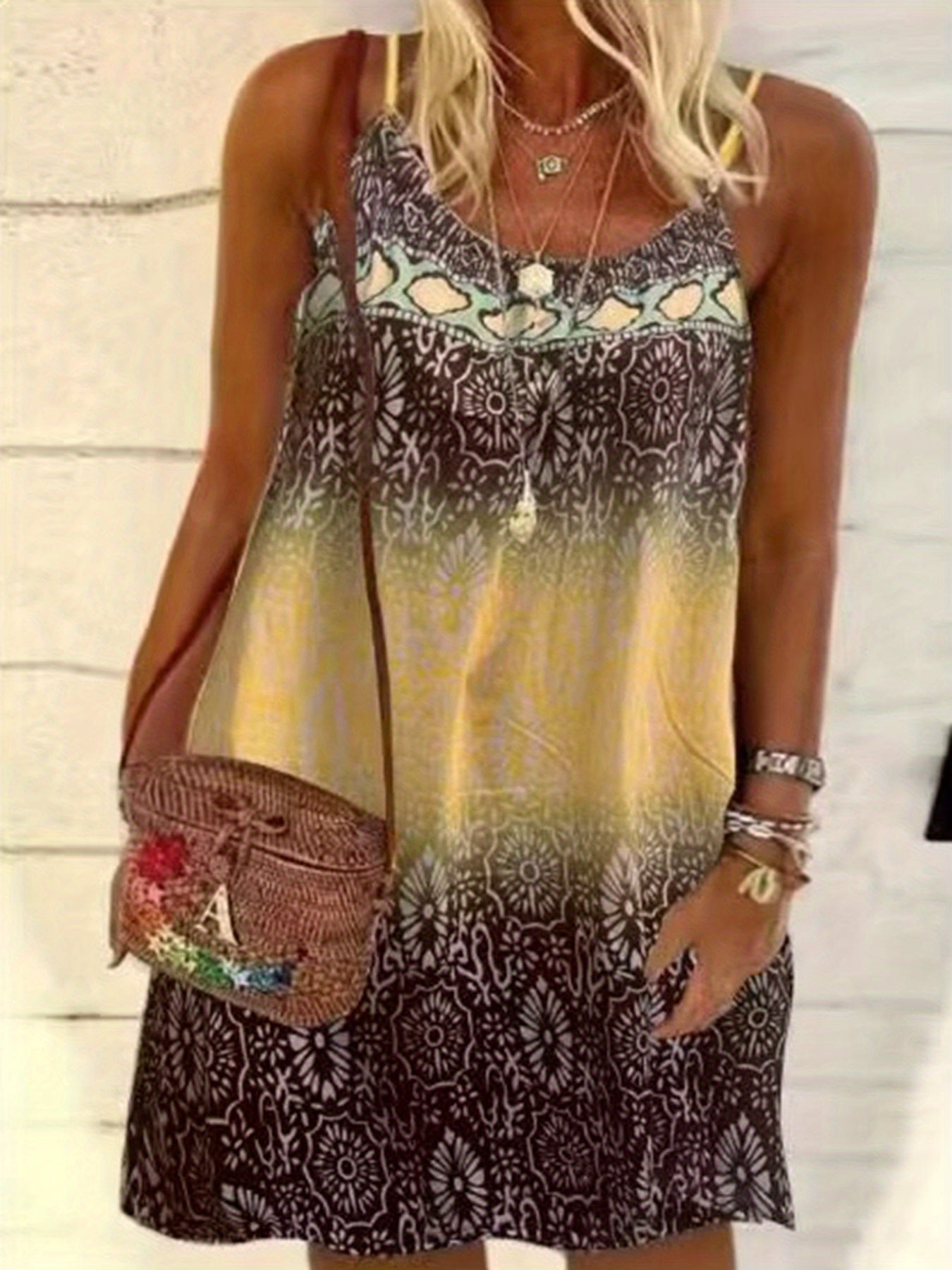 Plus Size Retro Dress Women's Plus Tile Print Halter Neck Dress