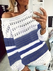Casual Sweater Women's Plus Colorblock Stripe Print Lantern Sleeve