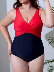 Sexy Swimsuit Colorblock Cross Front V Neck One Piece Bathing Suit