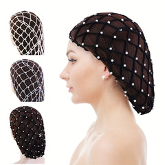 Rayon Hair Net Beaded Faux Pearl Crochet Beanie Women Elastic Snood