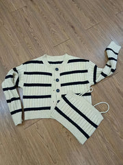Stripe Pattern Knitted Two piece Set Long Sleeve Top & Crop Cami Outfits