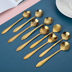 9pcs Stainless Steel Flower Coffee & Dessert Spoons, Rose Silver-Plated