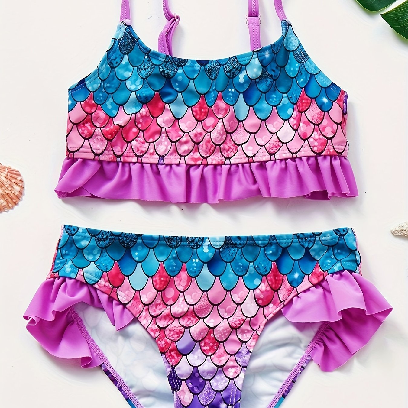 Girls Swimsuit Stylish Fish Scale Print 3-12 Years Split Shorts & Top