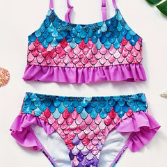 Girls Swimsuit Stylish Fish Scale Print 3-12 Years Split Shorts & Top