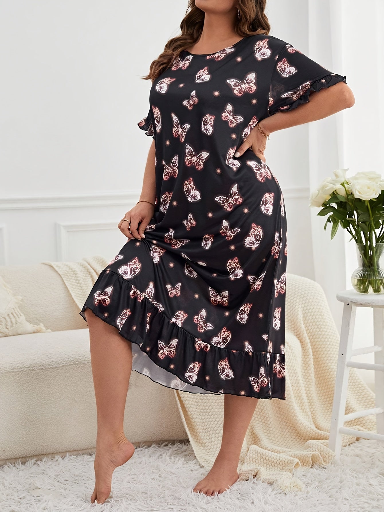 Nightdress Glitter Butterfly Print Short Sleeve Sleep Dress