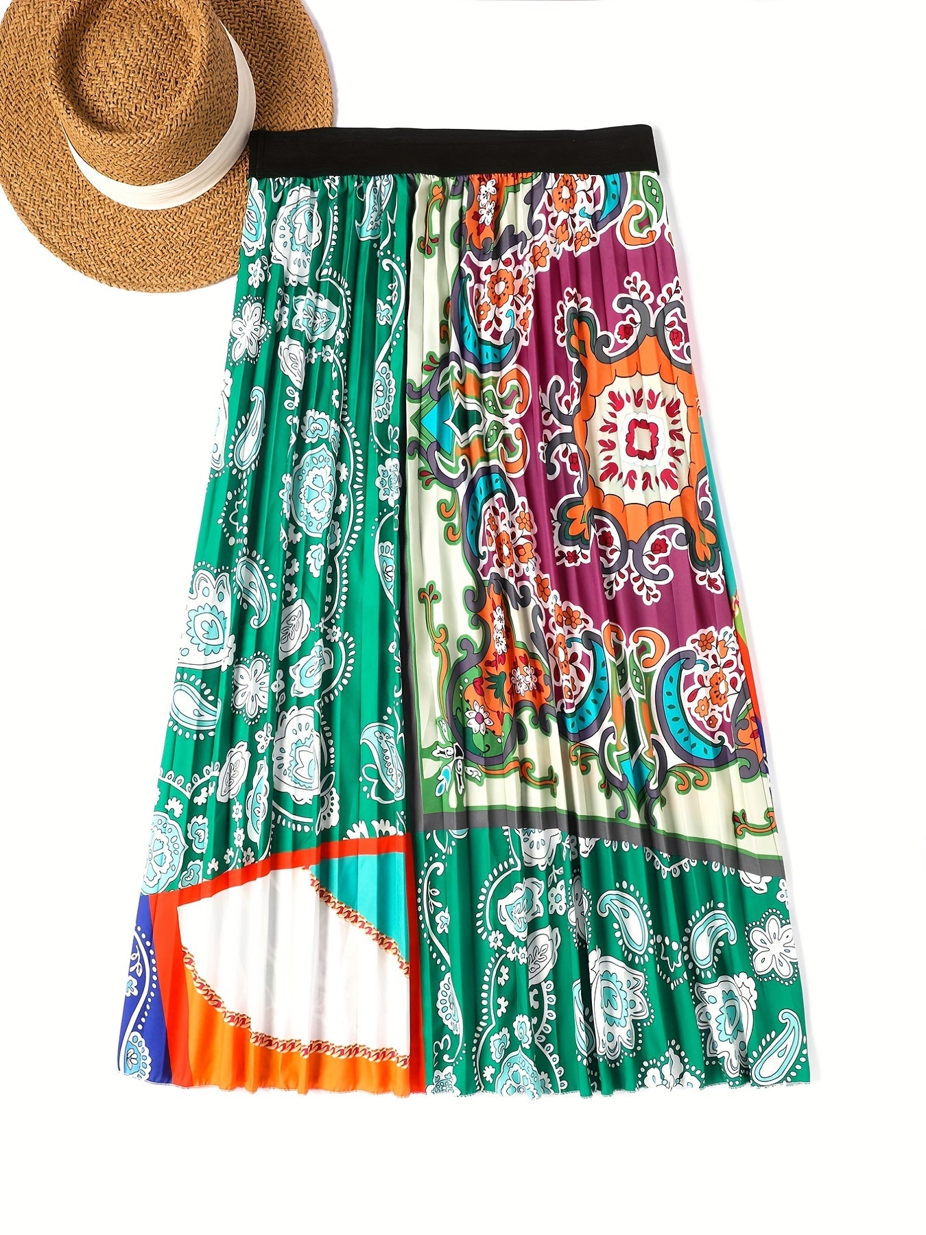Colorblock Paisley Print Pleated Skirt