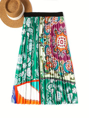 Colorblock Paisley Print Pleated Skirt