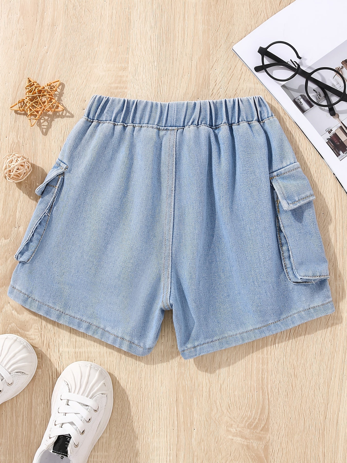 Girls Casual Elastic Waist Denim Shorts with Pockets