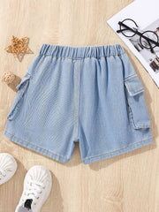 Girls Casual Elastic Waist Denim Shorts with Pockets