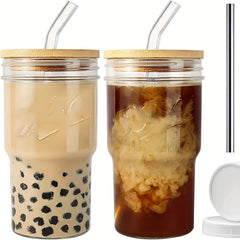 650ml Glass Tumbler w/ Bamboo Lid & Straw for Home Car Outdoor Parties