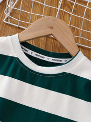2pcs Boys Block Striped Tee & Short Jeans Set Summer Kids Outfits