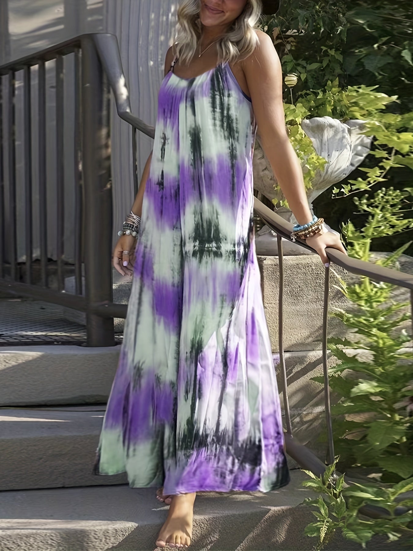 Tie Dye V Neck Maxi Dress Medium Stretch Loose Cami