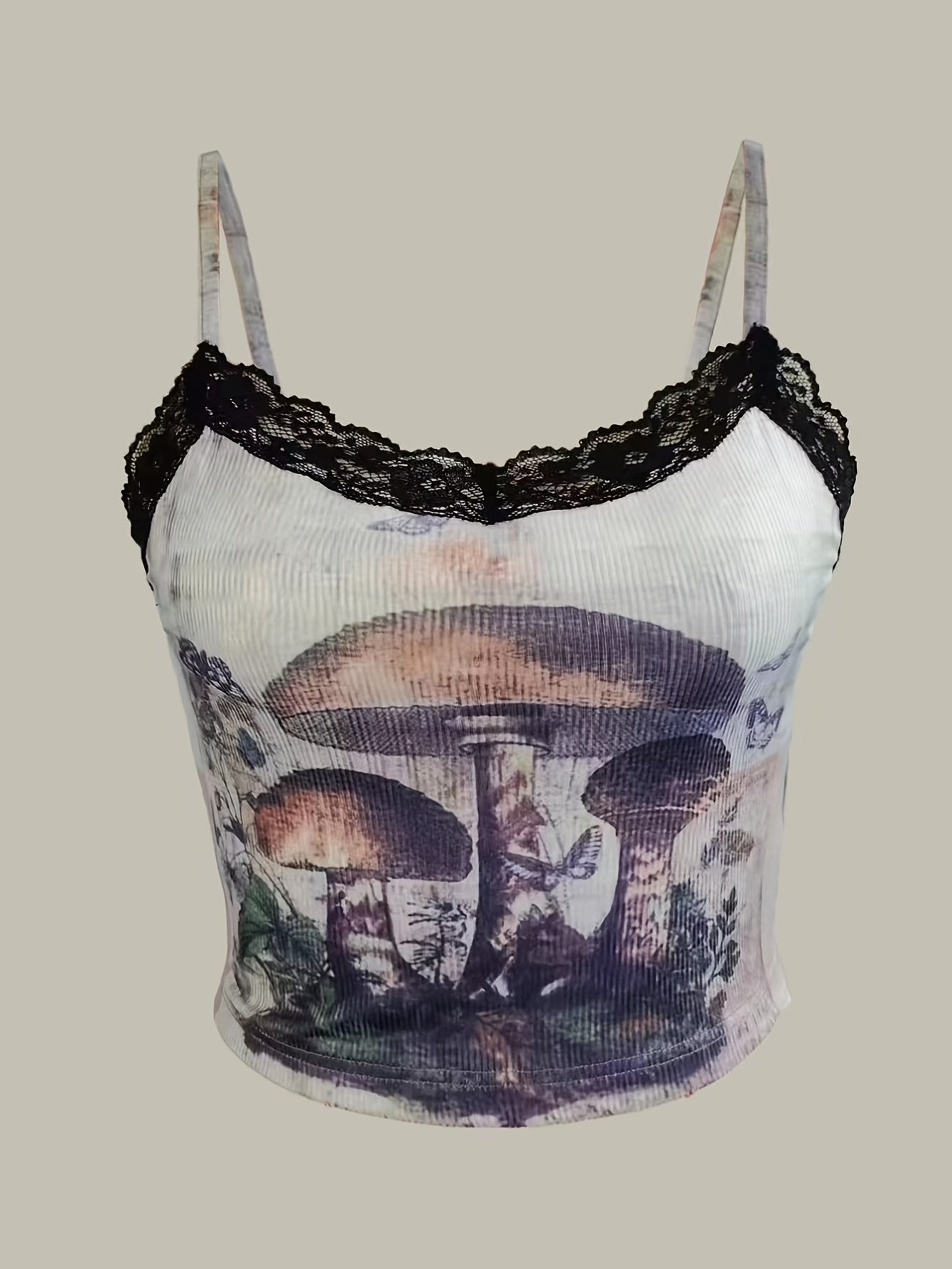 Y2K Mushroom Print Cami Top Contrast Lace Sleeveless Top