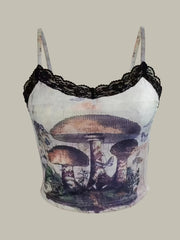 Y2K Mushroom Print Cami Top Contrast Lace Sleeveless Top