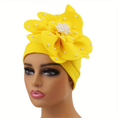 French Turban Cap Faux Pearl Decor Plate Flower Head Wrap