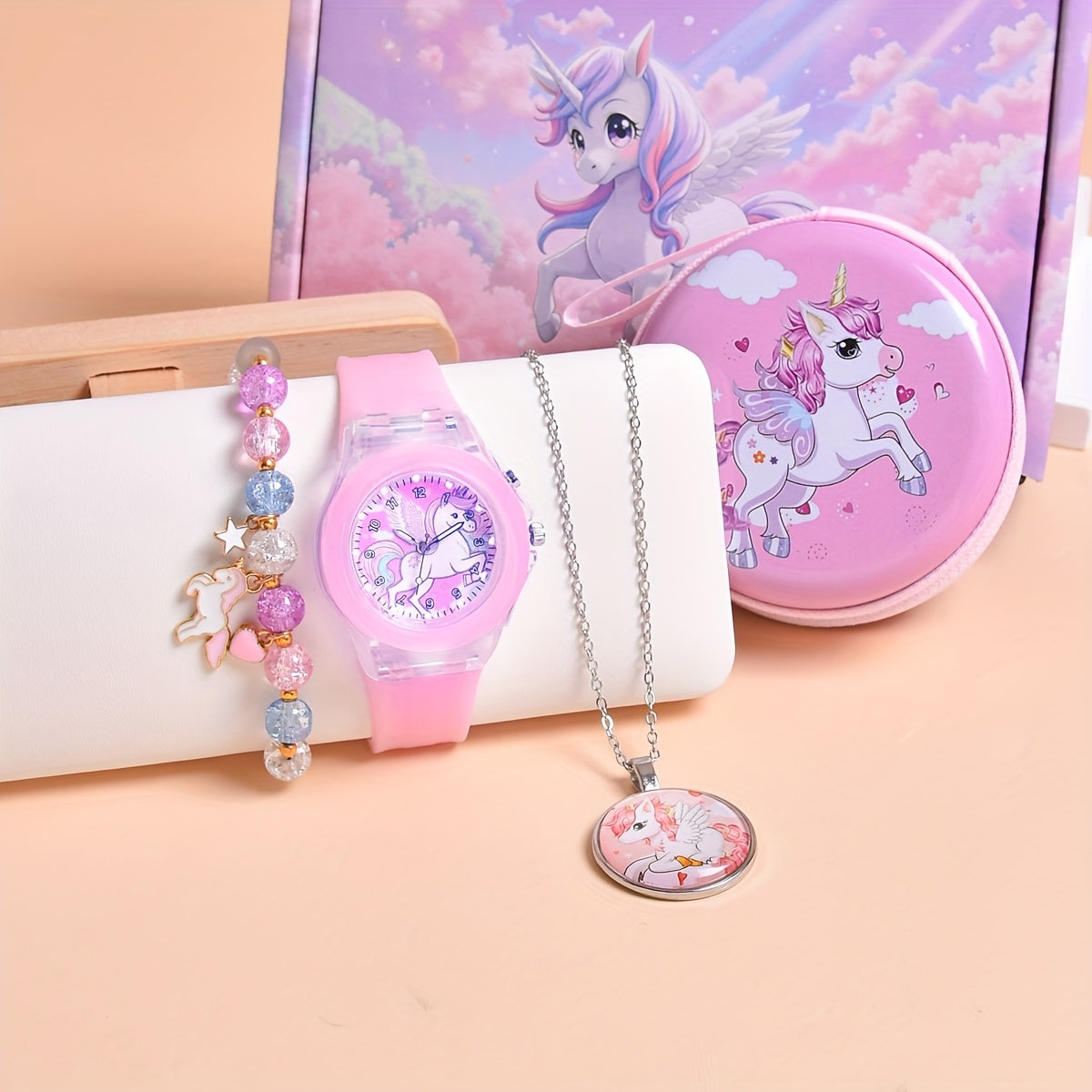 4pcs Unicorn Theme Girls' Watch Set Quartz Non Waterproof
