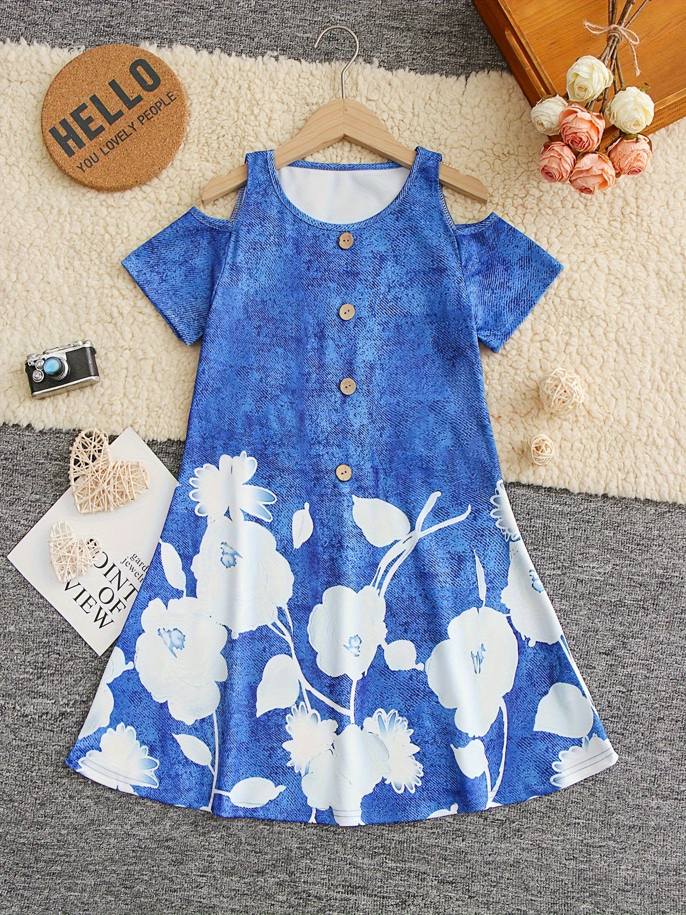Girls Flower Graphic Cold Shoulder Dress for Summer Party