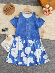 Girls Flower Graphic Cold Shoulder Dress for Summer Party