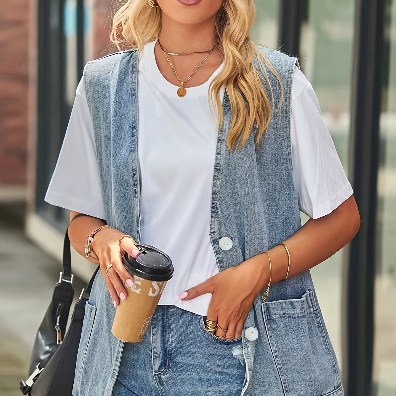 Sleeveless Denim Waistcoat Patch Pocket Button Loose Casual Denim Vest