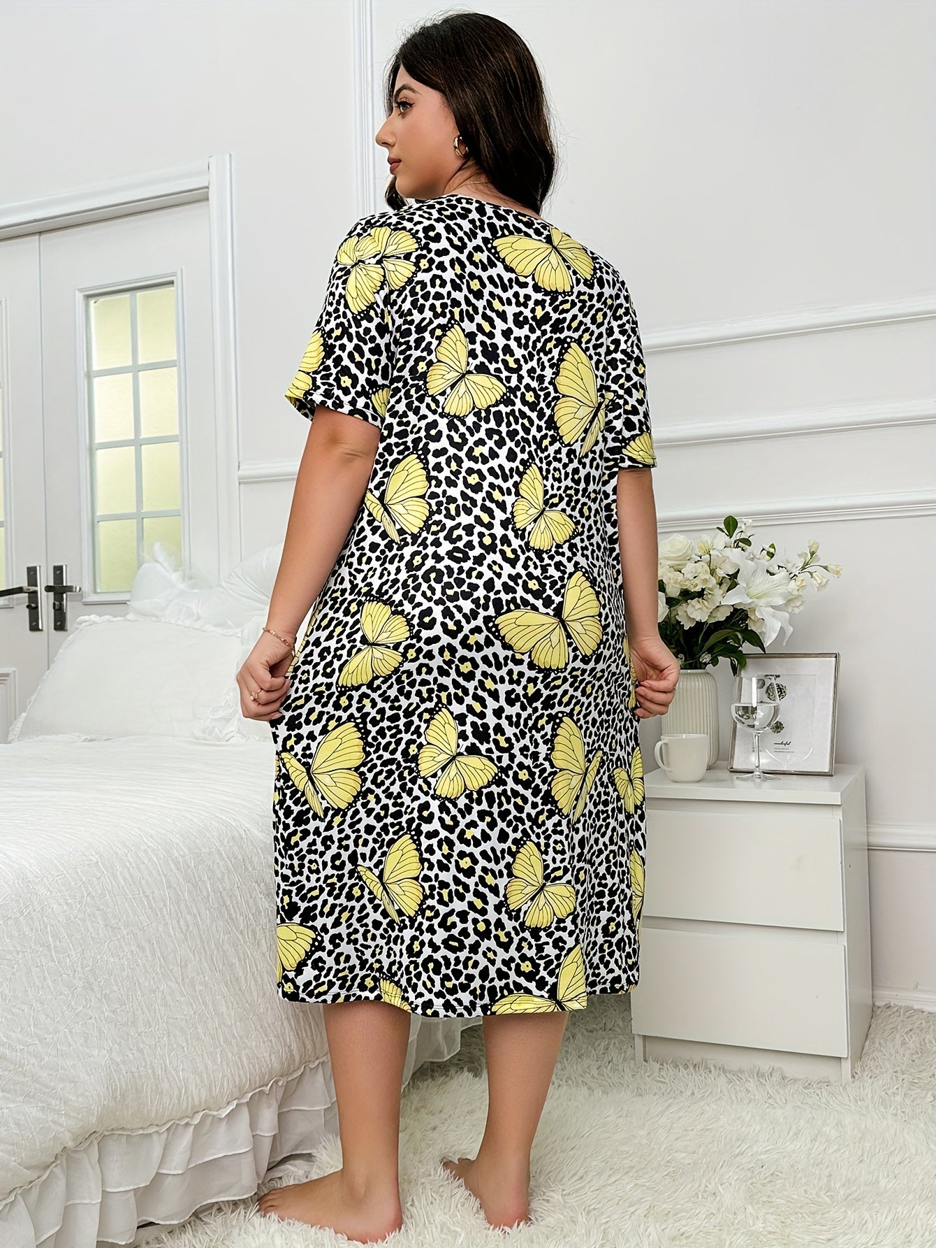 Casual Nightdress Leopard & Butterfly Print High Stretch Sleep Dress