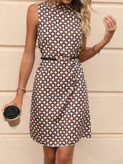 Abstract Print Keyhole Dress High Neck Sleeveless