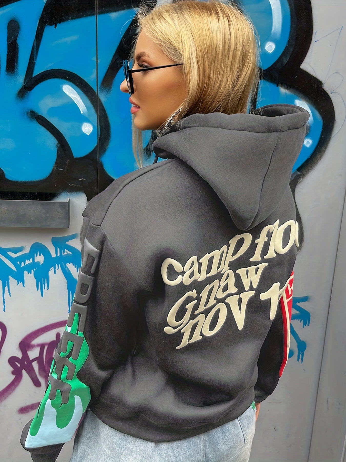 Letter Print Long Sleeve Drawstring Sports Hoodies Pullover Sweatshirt
