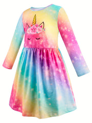 Unicorn Tie Dye Graphic Long Sleeve Dress Girls