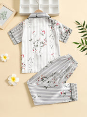 Girls Plant Floral Pattern Lapel Neck Pajama Set