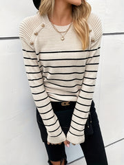 Striped Button Decor Pullover Sweater Crew Neck Long Sleeve