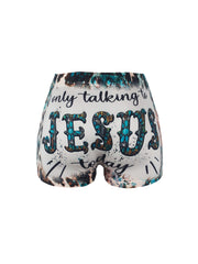 Letter & Leopard Print Skinny Shorts Casual Shorts For Spring & Summer