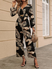 Tropical Print Surplice Neck Jumpsuit Long Sleeve Wide Leg Jumpsuit