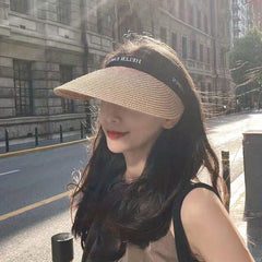 Straw Ponytail Visor Hat Wide Brim UV Protection Sun Hat